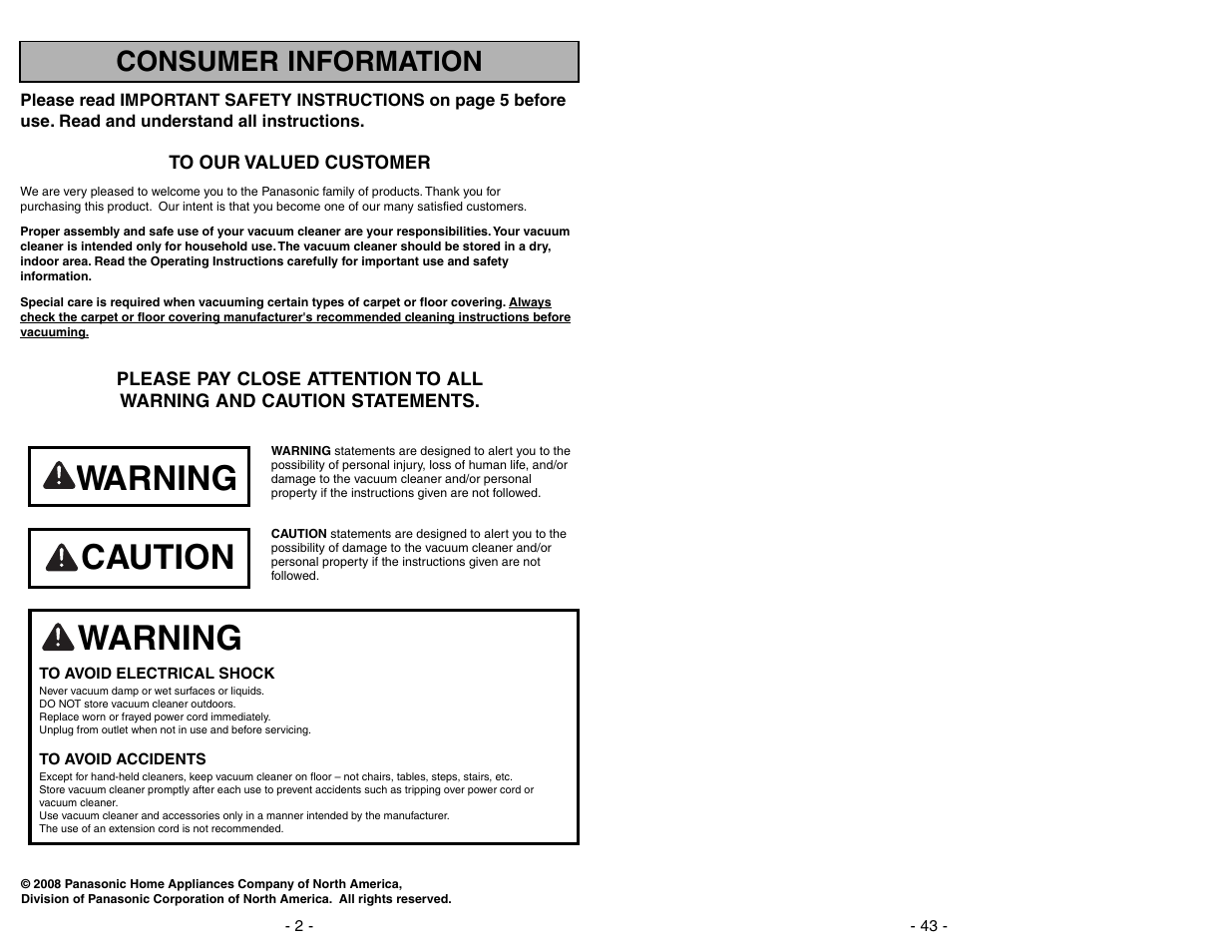 Consumer information, Warning, Caution | Panasonic MC-UG383 User Manual | Page 2 / 44