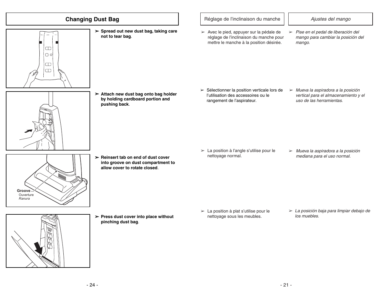 Réglage de l’inclinaisondu manche, Ajustes del mango, Changing dust bag | Panasonic MC-UG383 User Manual | Page 21 / 44