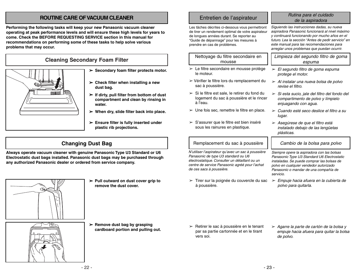 Routine care of vacuum cleaner, Cleaning secondary foam filter, Changing dust bag | Panasonic MC-UG383 User Manual | Page 22 / 44