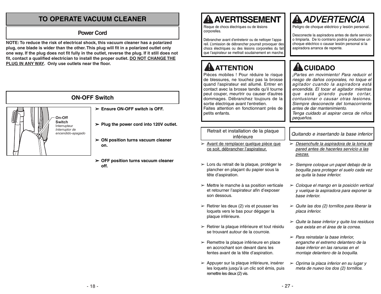 Retrait et installationde la plaque inférieure, Quitando e insertandola base inferior, Aad dv ve er rt te en nc ciia a | Avertissement, Attention, Cuidado | Panasonic MC-UG383 User Manual | Page 27 / 44