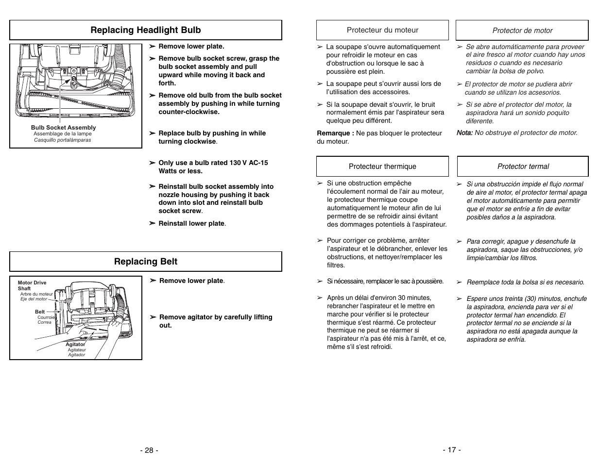 Replacing headlight bulb, Replacing belt, Replacing belt replacing headlight bulb | Panasonic MC-UG383 User Manual | Page 28 / 44