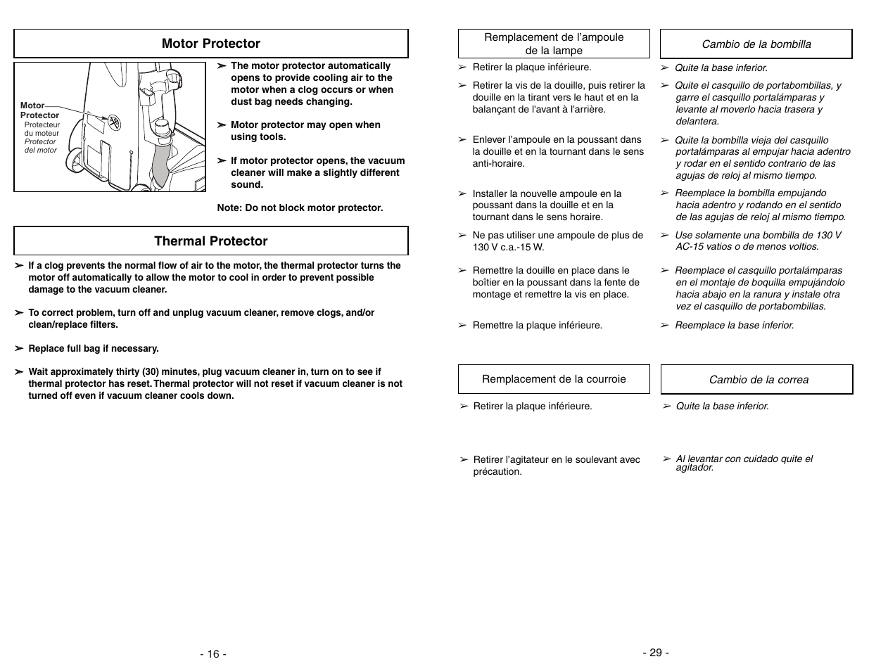 Remplacement de l’ampoulede la lampe, Remplacement de la courroie, Cambio de la bombilla | Cambio de la correa, Motor protector, Thermal protector | Panasonic MC-UG383 User Manual | Page 29 / 44