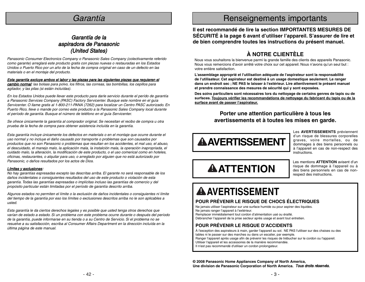 Renseignements importants, Avertissement, Attention | Garantía | Panasonic MC-UG383 User Manual | Page 3 / 44