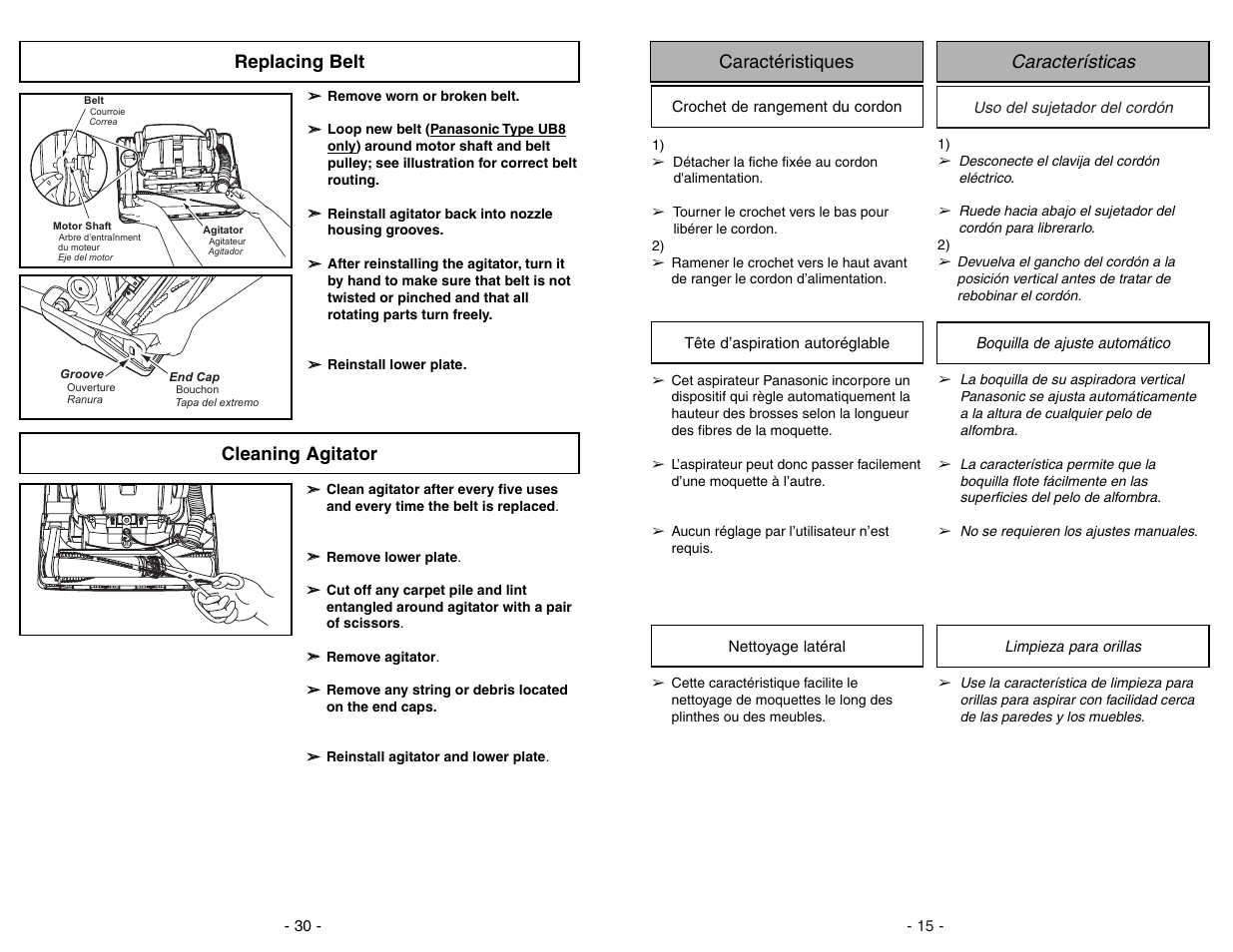 Cleaning agitator, Características caractéristiques, Replacing belt | Panasonic MC-UG383 User Manual | Page 30 / 44