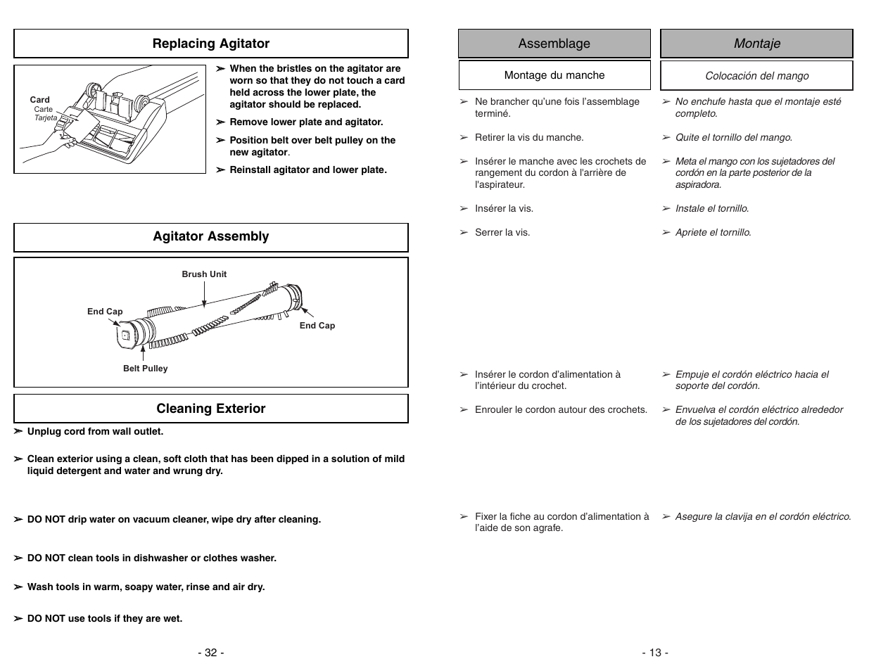 Replacing agitator, Agitator assembly, Cleaning exterior | Montaje assemblage | Panasonic MC-UG383 User Manual | Page 32 / 44