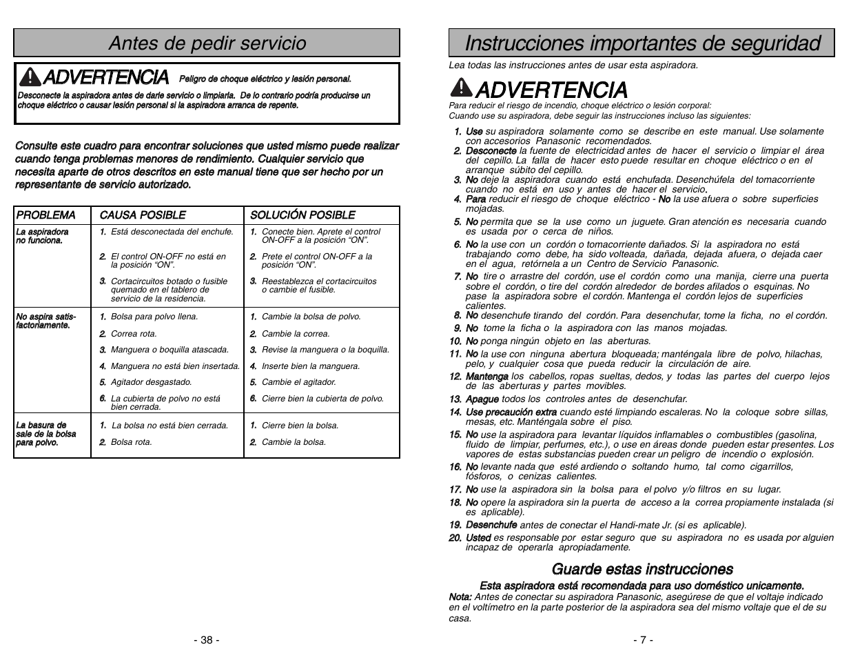 Instrucciones importantes de seguridad, Aad dv ve er rt te en nc ciia a, Antes de pedir servicio | Panasonic MC-UG383 User Manual | Page 38 / 44