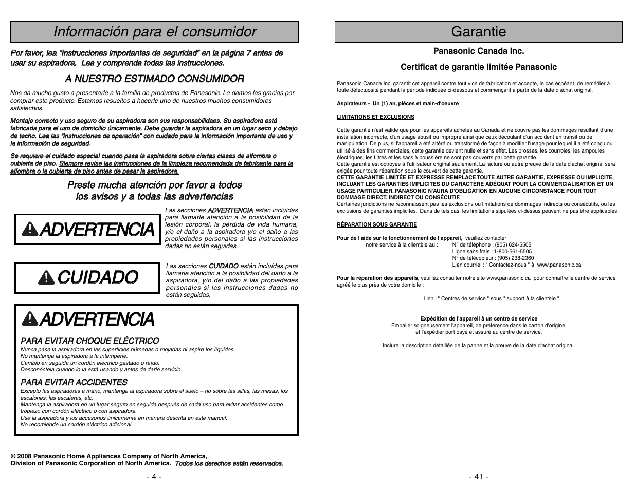 Información para consumidor, Aad dv ve er rt te en nc ciia a, Ccu uiid da ad do o | Información para el consumidor, Garantie | Panasonic MC-UG383 User Manual | Page 4 / 44