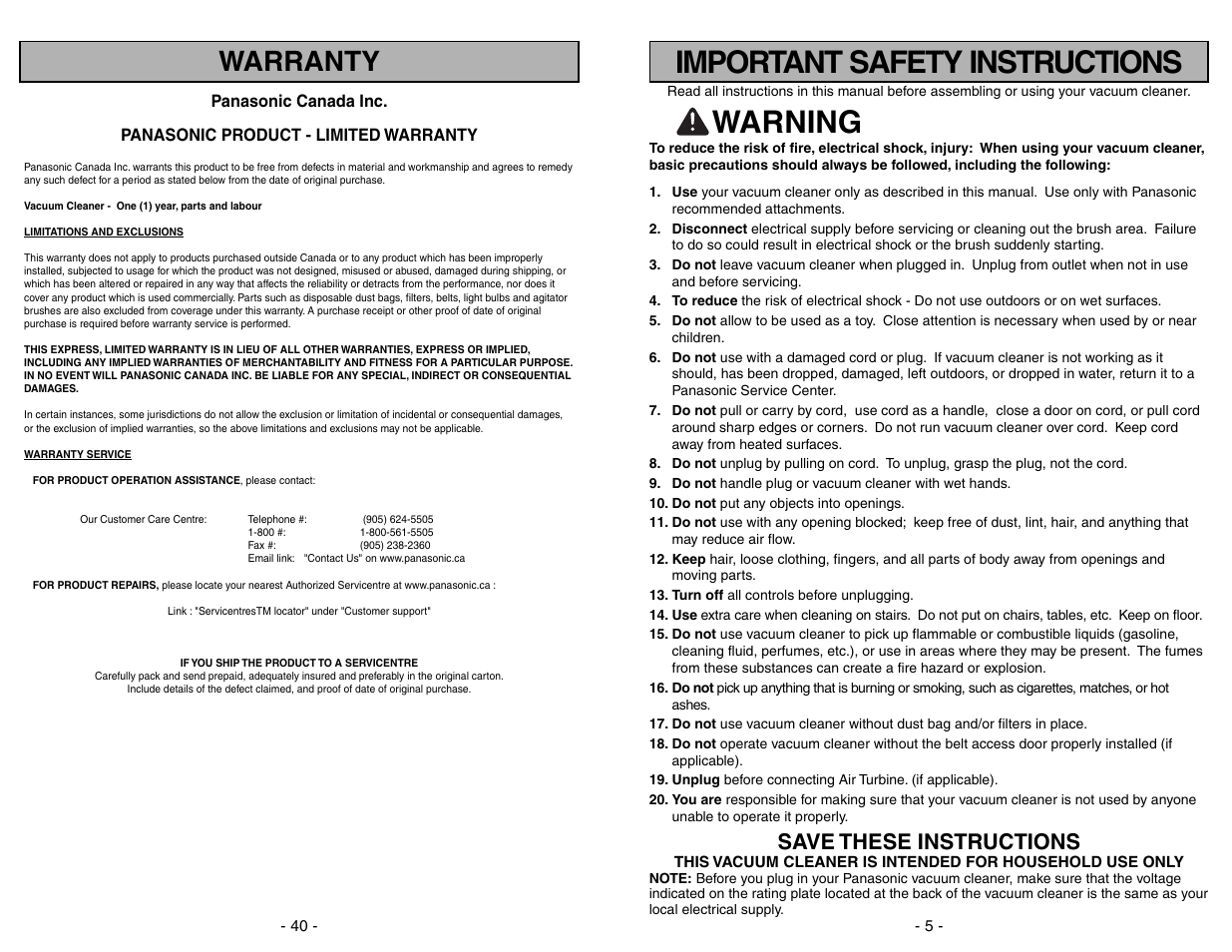 Important safety instructions, Warning, Warranty | Save these instructions | Panasonic MC-UG383 User Manual | Page 5 / 44