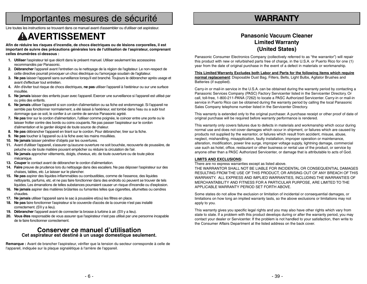 Importantes mesuresde sécurité, Importantes mesures de sécurité, Avertissement | Warranty, Conserver ce manuel d’utilisation | Panasonic MC-UG383 User Manual | Page 6 / 44