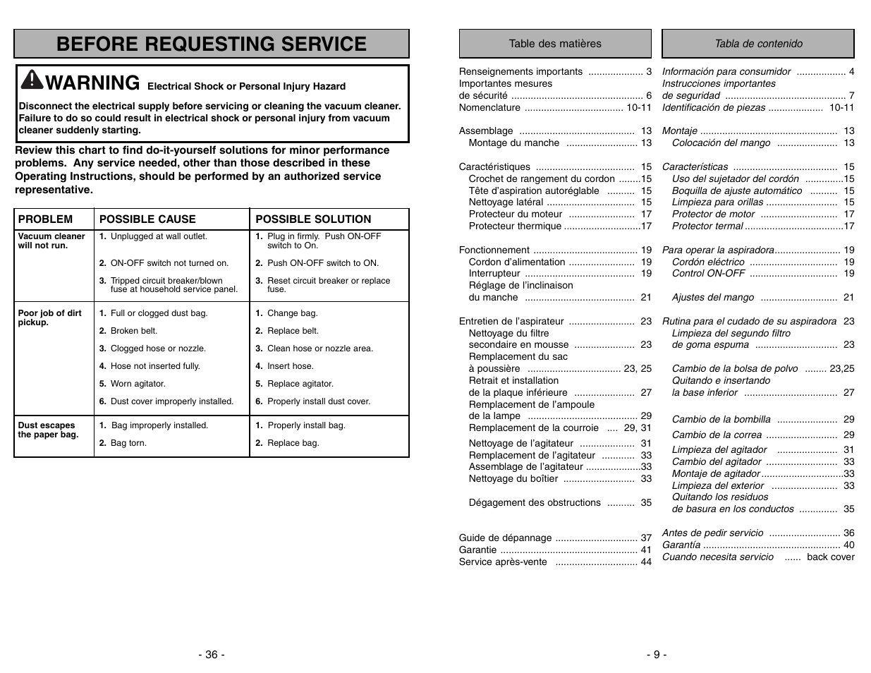 Before requesting service, Warning | Panasonic MC-UG383 User Manual | Page 9 / 44