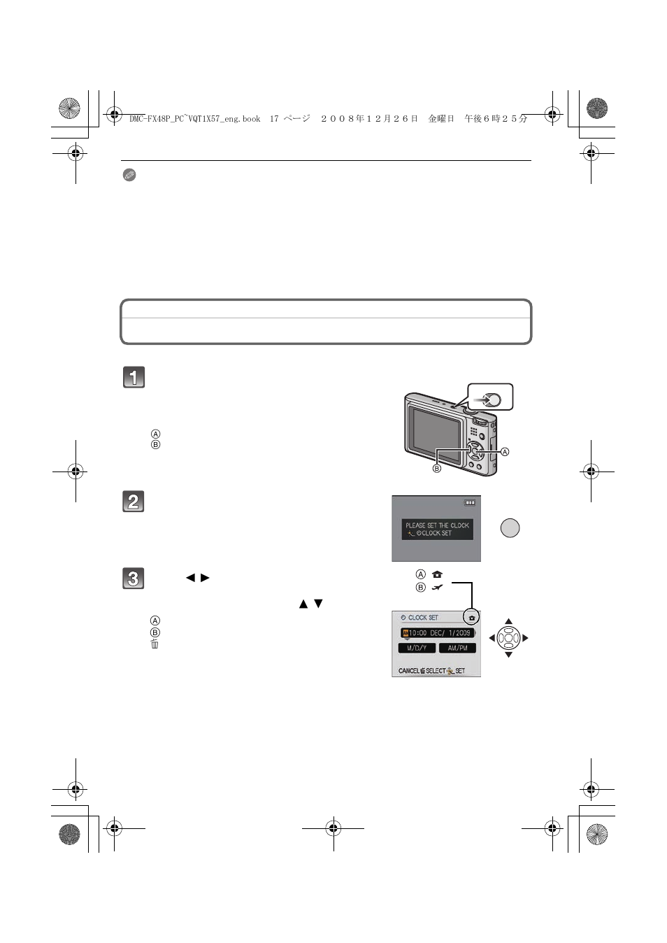 Setting date/time (clock set) | Panasonic DMC-FX48 User Manual | Page 17 / 136