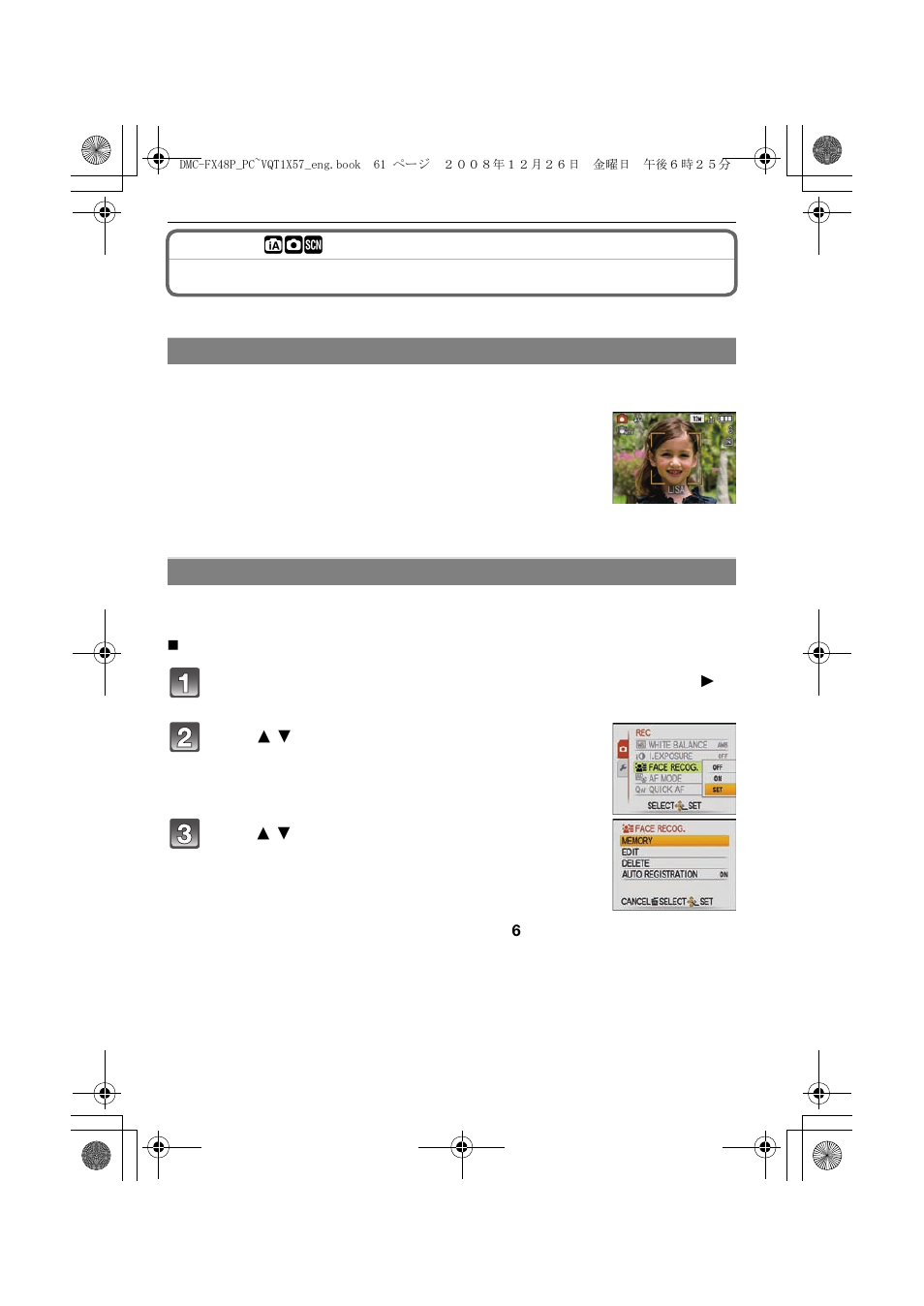 Taking a picture with face recognitionfunction, Taking a picture with face recognition function | Panasonic DMC-FX48 User Manual | Page 61 / 136