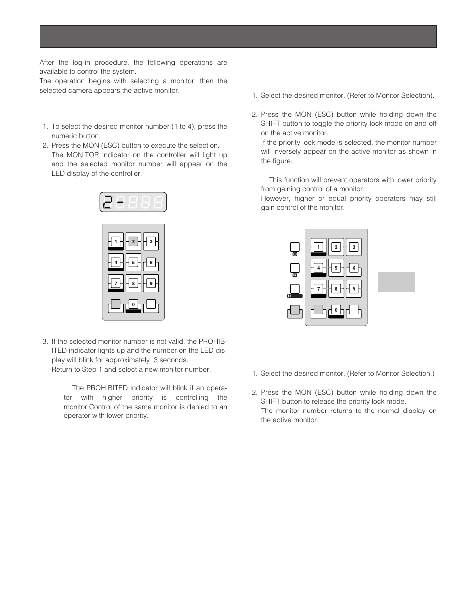 Monitor selection and camera selection, Monitor selection, Priority lock | Applying priority lock, Releasing priority lock | Panasonic WJ-SX 150A User Manual | Page 103 / 220