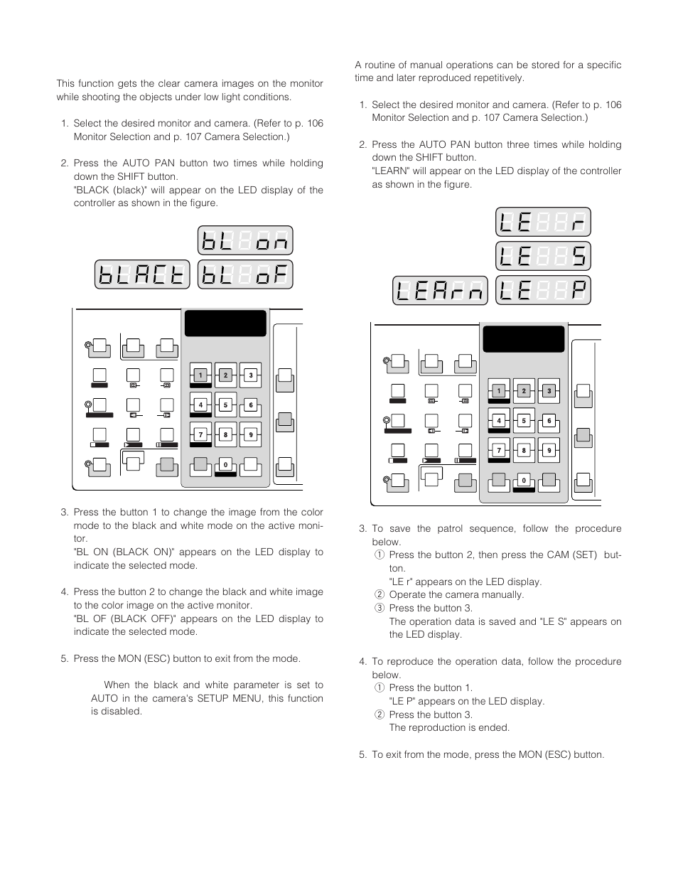 Changing to black and white images, Patrol learn and play | Panasonic WJ-SX 150A User Manual | Page 108 / 220