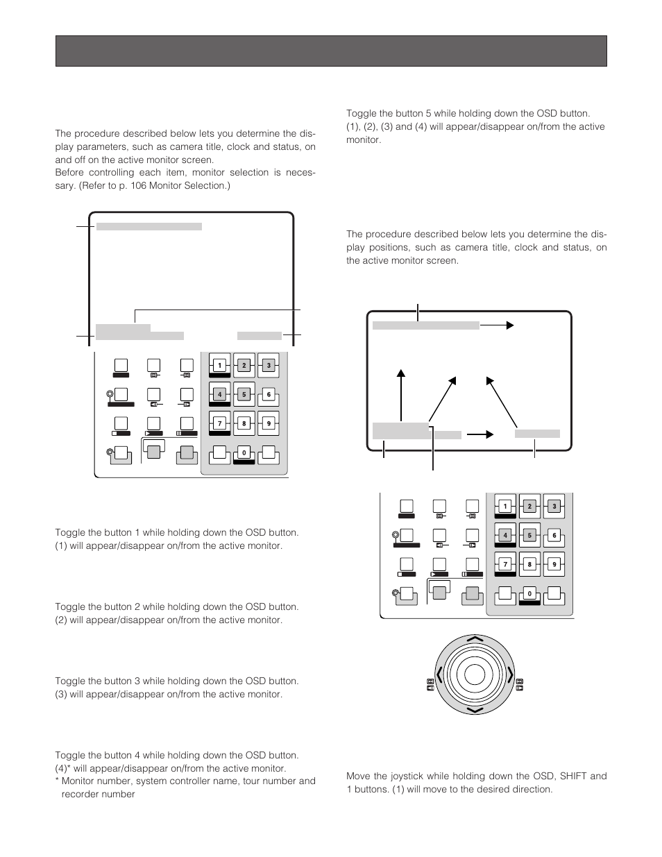 Monitor display control, On-screen display (osd) control, Displaying the camera title | Displaying the event, Displaying the monitor status, Displaying all the items, On-screen display (osd) position control, Moving the clock display, Displaying the clock | Panasonic WJ-SX 150A User Manual | Page 112 / 220