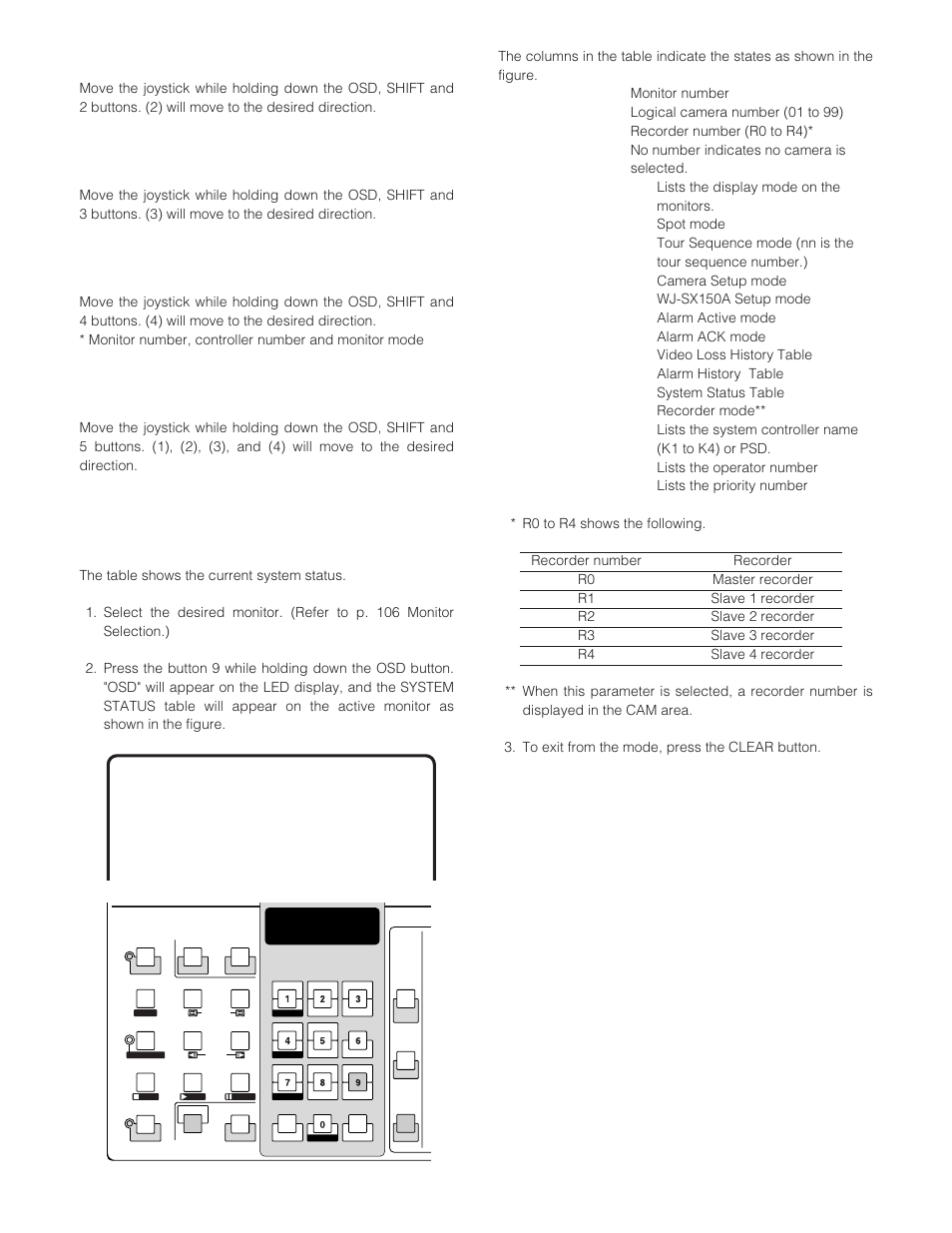 Moving the camera title display, Moving the event display, Moving the monitor status | Moving all the items, System status table | Panasonic WJ-SX 150A User Manual | Page 113 / 220