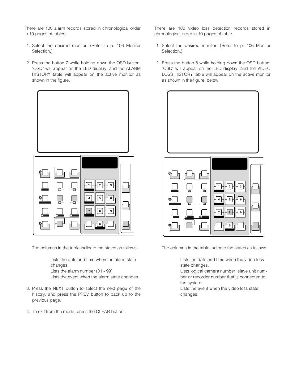 Alarm history table, Video loss history table | Panasonic WJ-SX 150A User Manual | Page 114 / 220