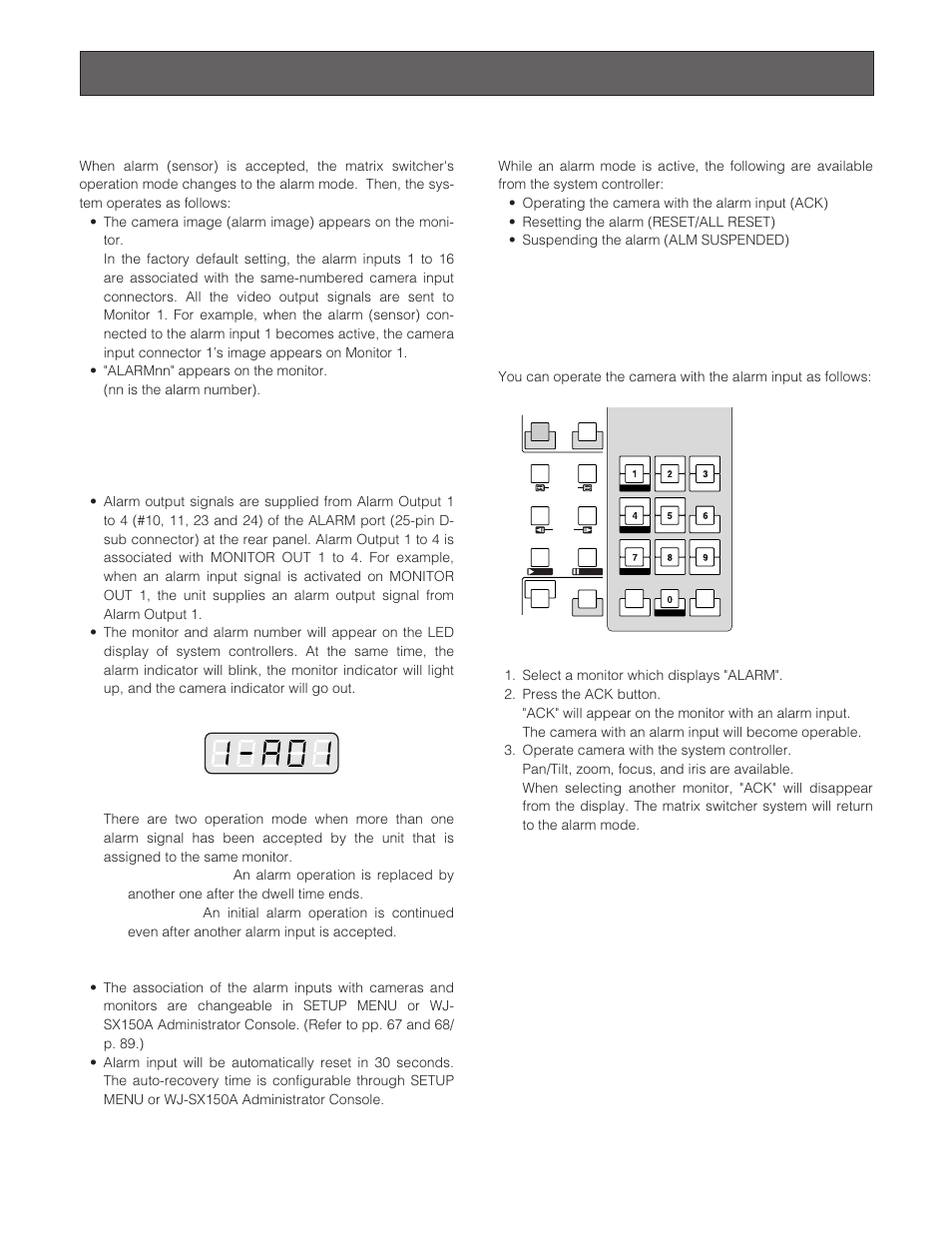 Alarm control, Alarm mode, Operation during an alarm mode | Operation of an alarm-related camera (ack), Alarm01 ack | Panasonic WJ-SX 150A User Manual | Page 115 / 220