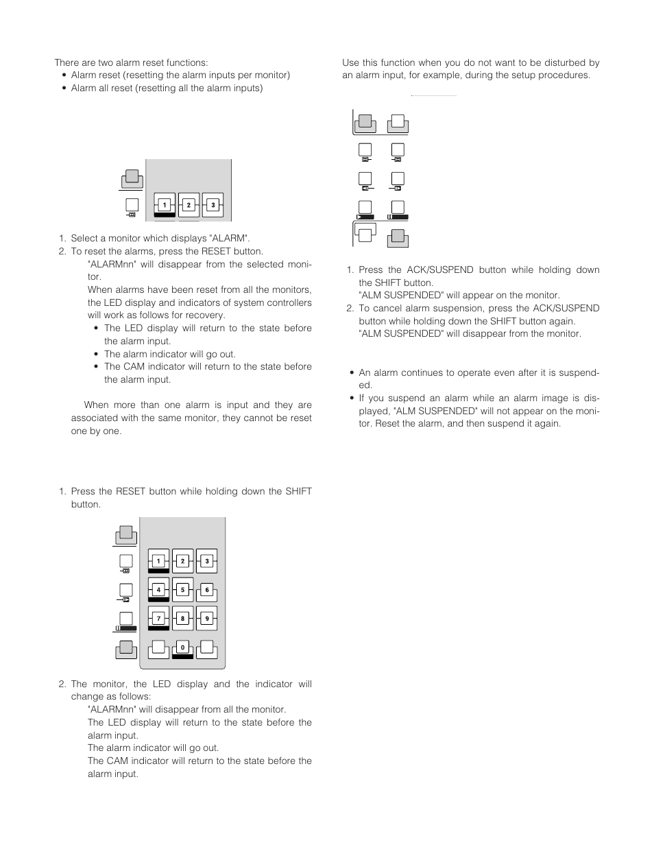 Resetting the alarm inputs, Alarm reset, Alarm all reset | Alm suspended, Suspending the alarm inputs | Panasonic WJ-SX 150A User Manual | Page 116 / 220