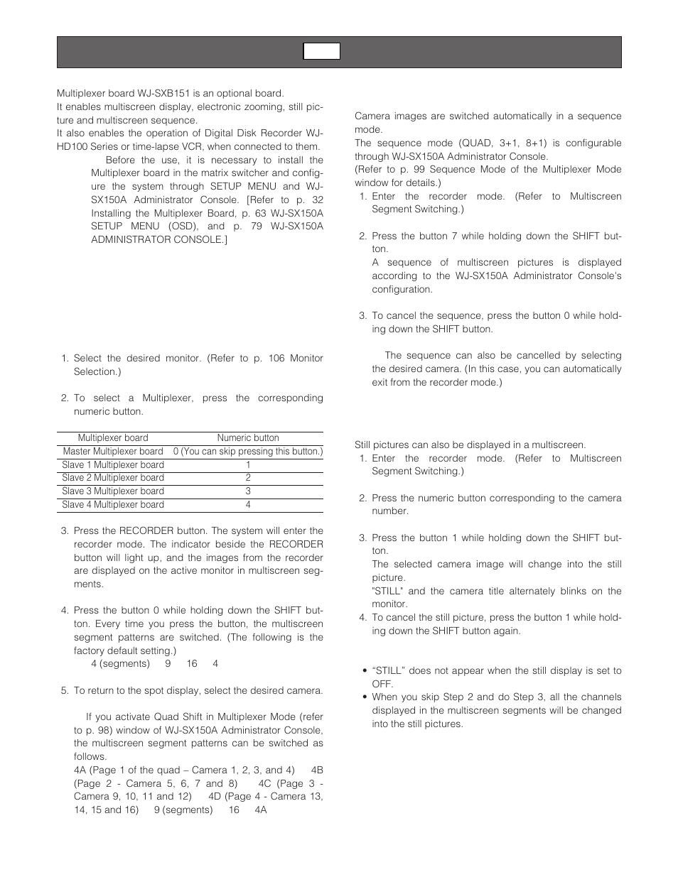 Multiplexer operations mux, Monitoring the camera picture, Multiscreen segment switching | Multiscreen sequence, Still multiscreen picture, Multiplexer operations | Panasonic WJ-SX 150A User Manual | Page 117 / 220