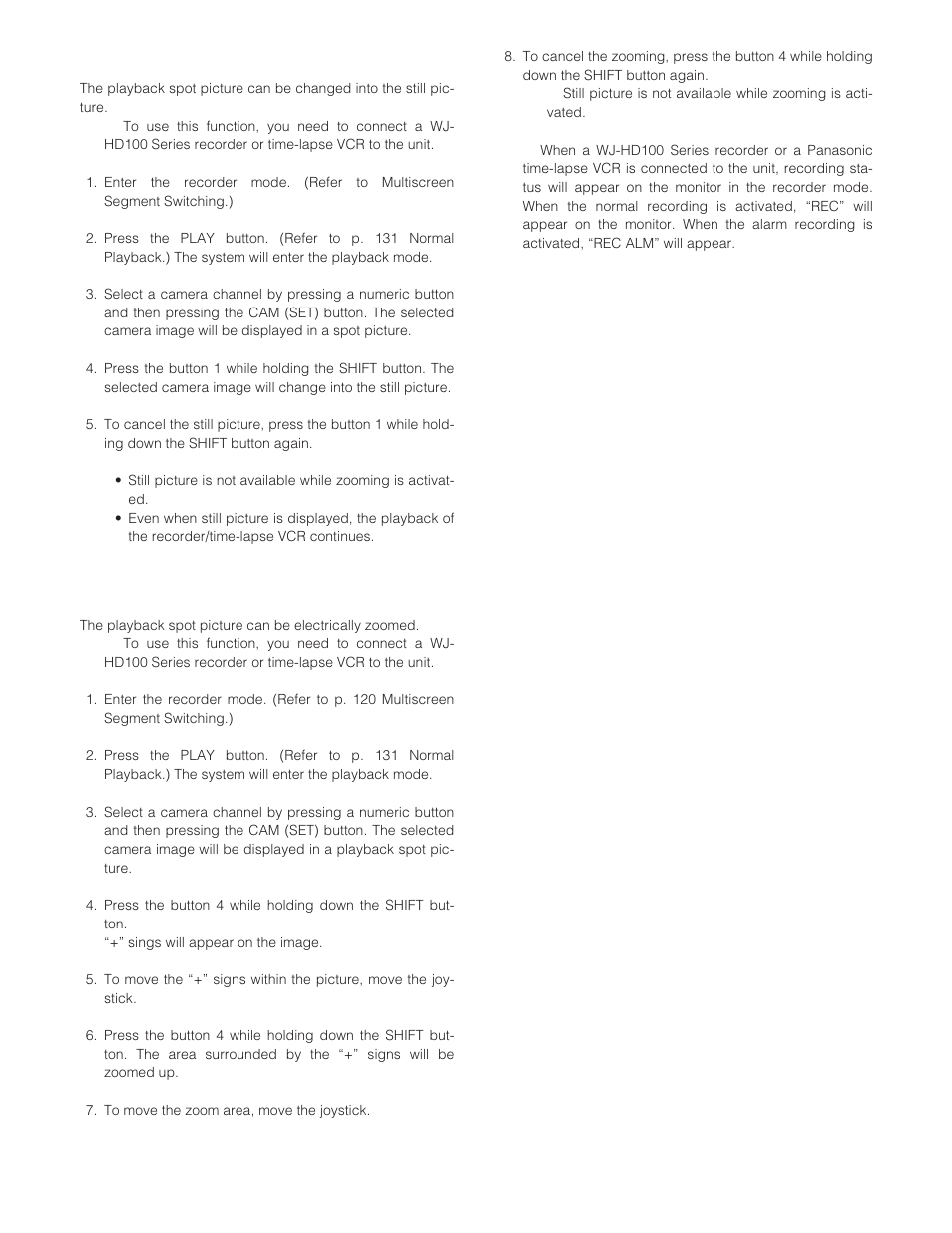 Still playback spot picture, Electronic zooming (el-zoom), Rec rec alm | Panasonic WJ-SX 150A User Manual | Page 118 / 220