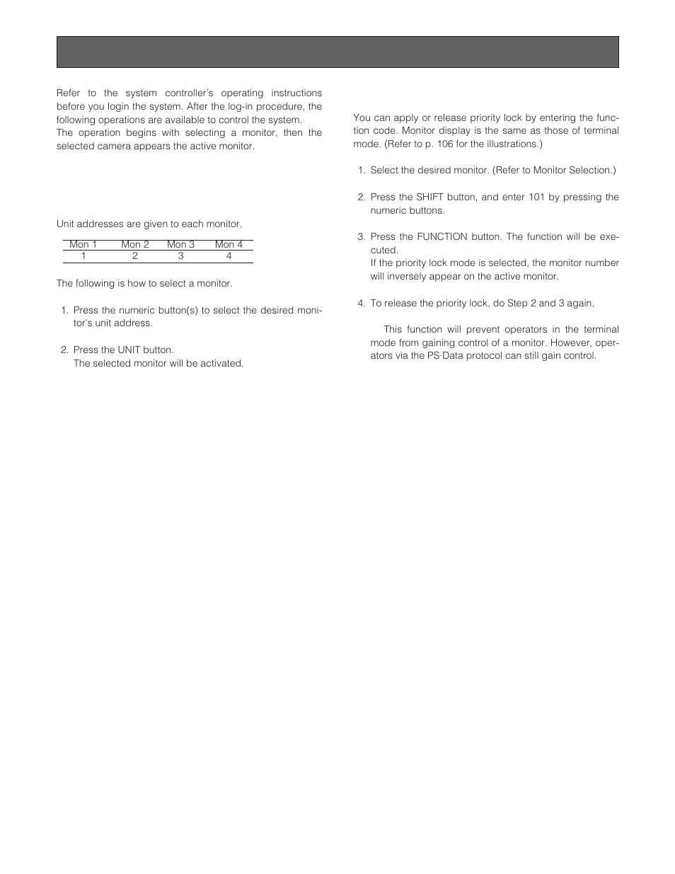 Monitor control, Monitor selection, Priority lock | Panasonic WJ-SX 150A User Manual | Page 121 / 220