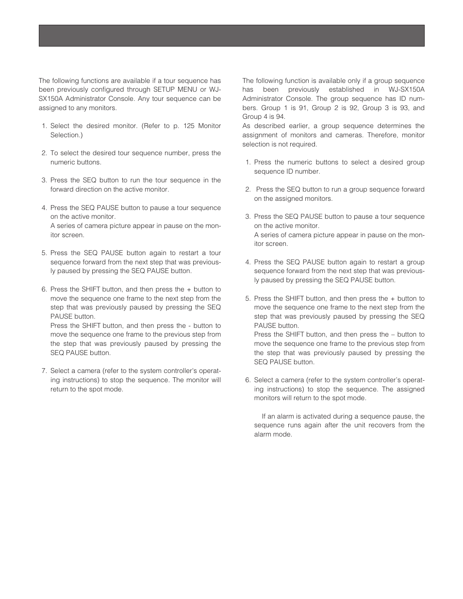 Running sequence, Tour sequence, Group sequence | Panasonic WJ-SX 150A User Manual | Page 122 / 220