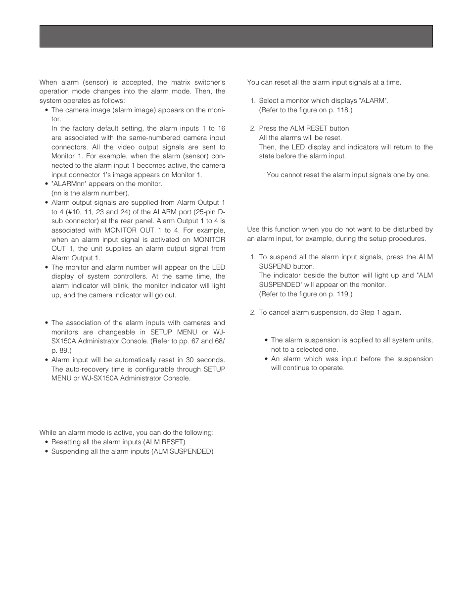 Alarm control, Alarm mode, Operation during an alarm mode | Resetting all the alarm inputs, Suspending all the alarm inputs | Panasonic WJ-SX 150A User Manual | Page 124 / 220