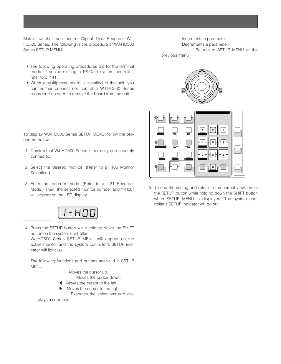 Wj-hd500 series control (terminal mode), Displaying wj-hd500 series setup menu | Panasonic WJ-SX 150A User Manual | Page 126 / 220