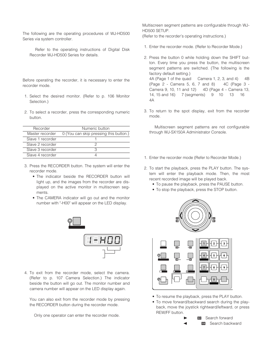 Controlling digital disk recorder wj-hd500 series, Recorder mode, Multiscreen segment switching | Normal playback | Panasonic WJ-SX 150A User Manual | Page 127 / 220