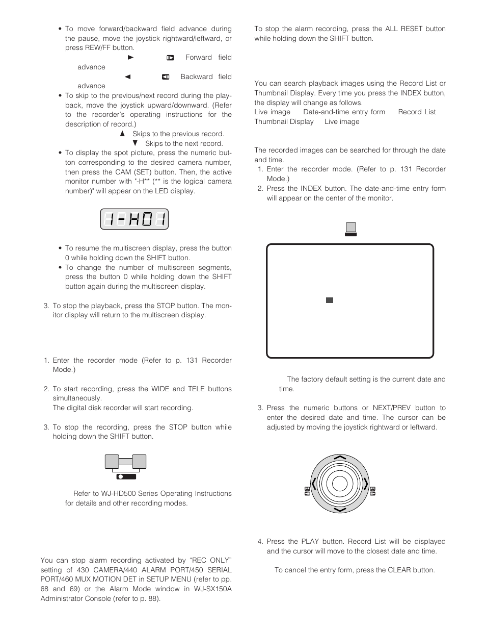 Manual recording, Stopping rec only alarm recording, Search playback | Panasonic WJ-SX 150A User Manual | Page 128 / 220