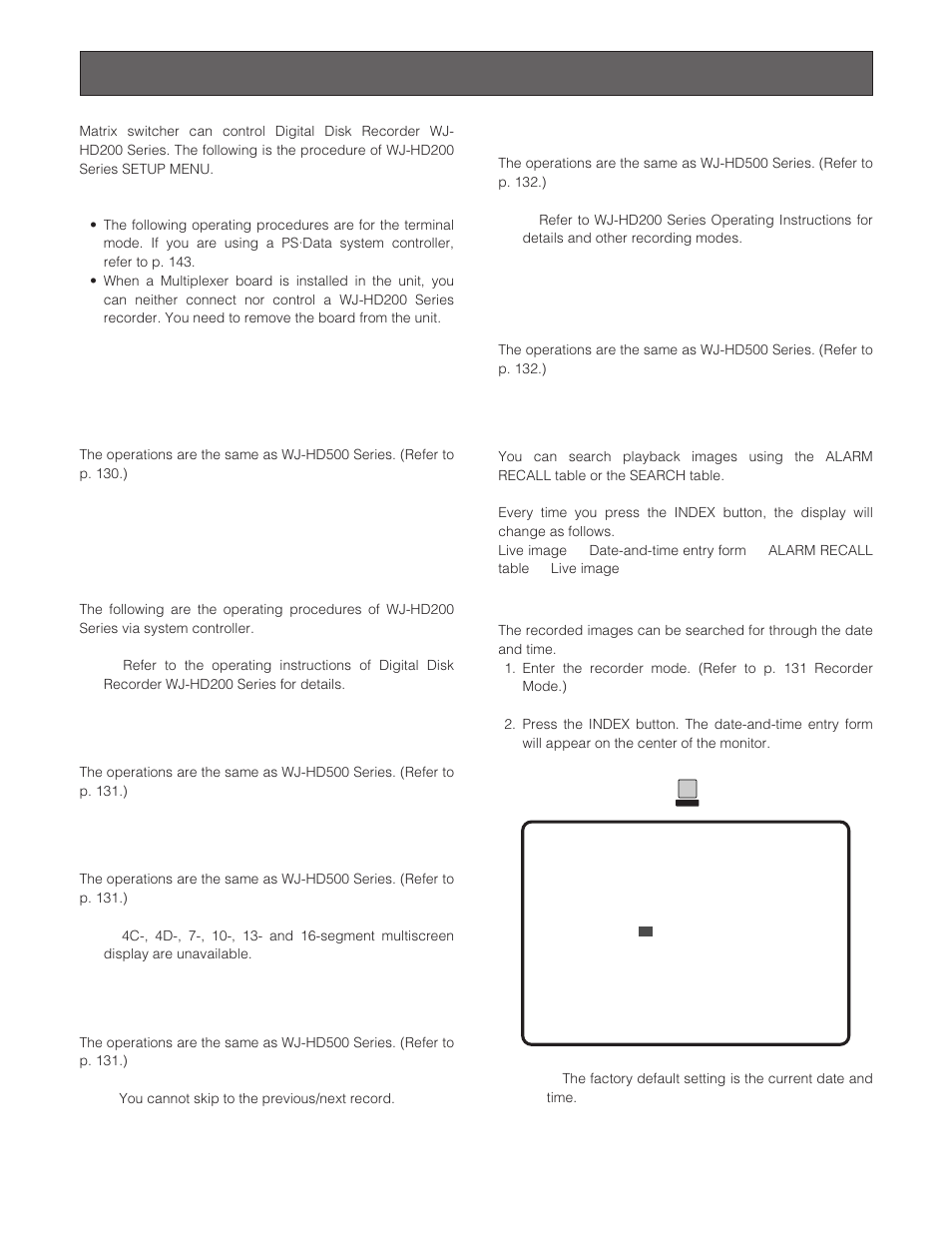 Wj-hd200 series control (terminal mode), Displaying wj-hd200 series setup menu, Controlling digital disk recorder wj-hd200 series | Recorder mode, Multiscreen segment switching, Normal playback, Manual recording, Stopping rec only alarm recording, Search playback | Panasonic WJ-SX 150A User Manual | Page 131 / 220