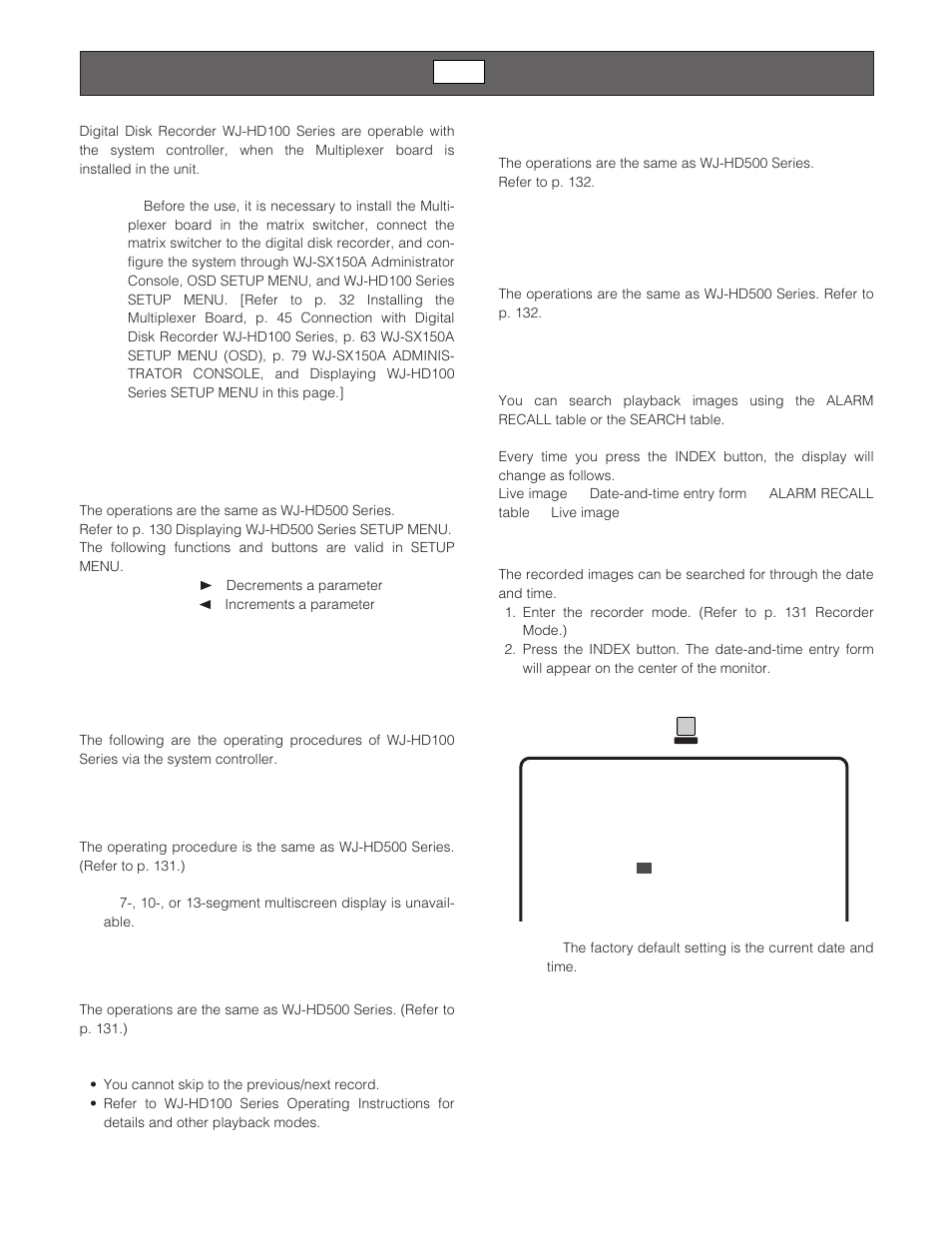 Wj-hd100 series control (terminal mode) mux, Displaying wj-hd100 series setup menu, Controlling digital disk recorder wj-hd100 series | Multiscreen segment switching, Normal playback, Manual recording, Stopping rec only alarm recording, Search playback, Wj-hd100 series control (terminal mode) | Panasonic WJ-SX 150A User Manual | Page 133 / 220