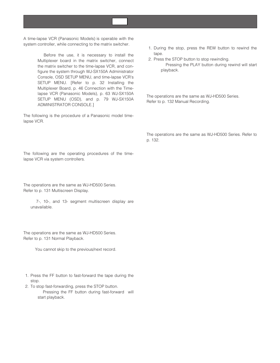 Controlling the time-lapse vcr, Multiscreen segment switching, Normal playback | Fast-forward, Rewind, Manual recording, Stopping rec only alarm recording | Panasonic WJ-SX 150A User Manual | Page 135 / 220