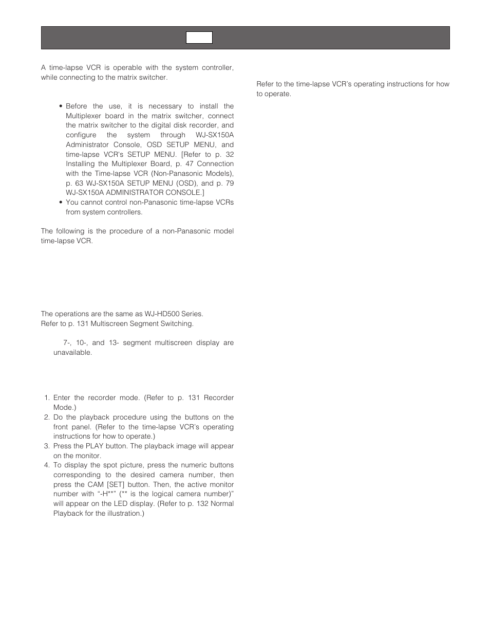 Controlling the time-lapse vcr, Multiscreen segment switching, Normal playback | Other operations | Panasonic WJ-SX 150A User Manual | Page 136 / 220