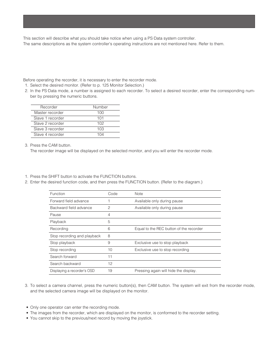 Wj-hd500 series control (ps·data), Recorder mode, Operations | Panasonic WJ-SX 150A User Manual | Page 137 / 220