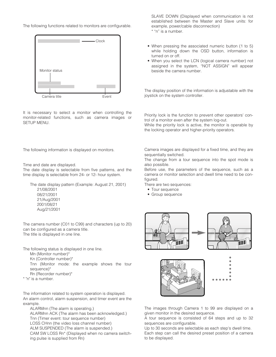 Monitor-related functions, Monitor selection, Information displayed on the monitors | The display position, Priority lock, Sequence mode | Panasonic WJ-SX 150A User Manual | Page 14 / 220