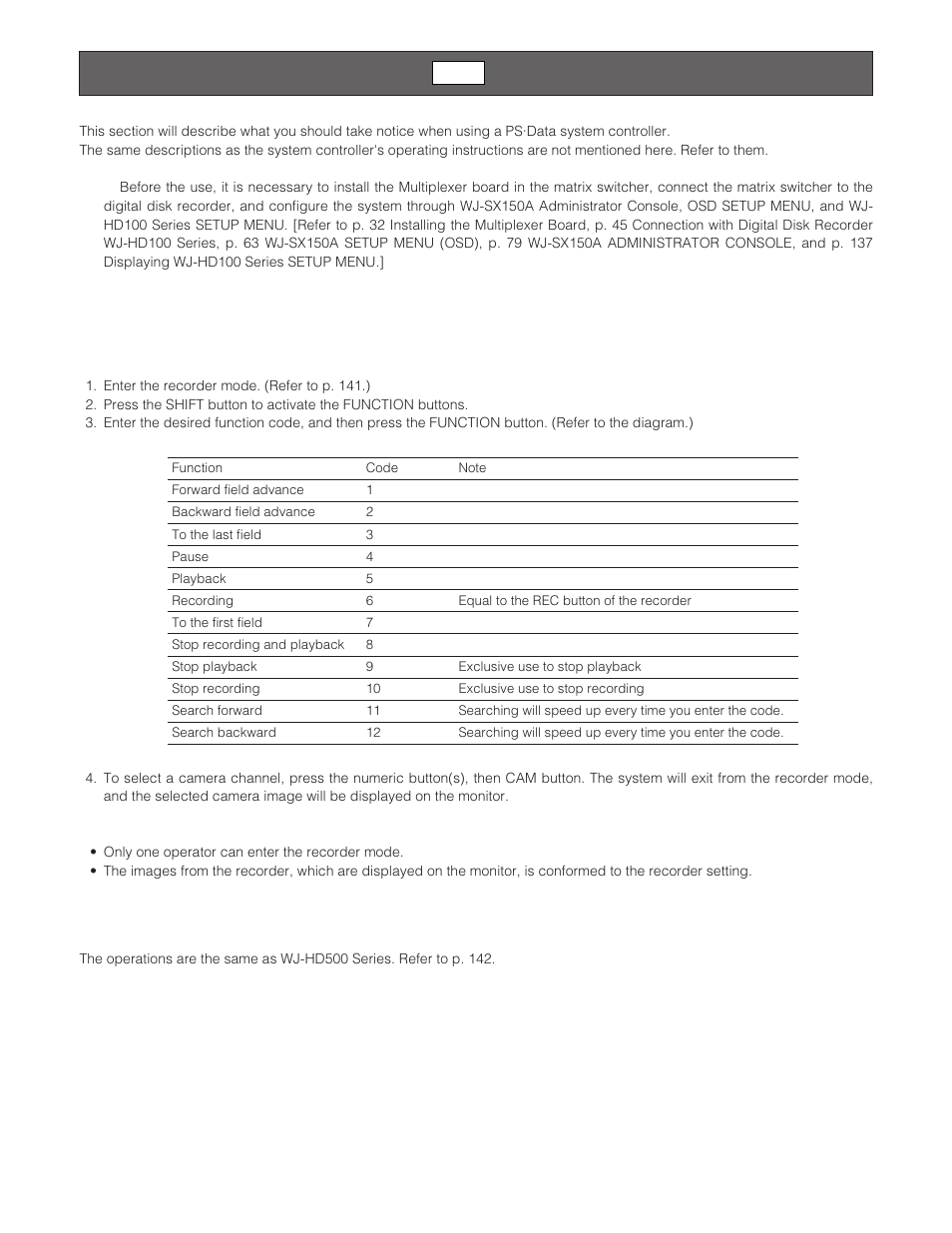 Wj-hd100 series control (ps·data) mux, Recorder mode, Stopping rec only alarm recording | Wj-hd100 series control (ps·data) | Panasonic WJ-SX 150A User Manual | Page 140 / 220