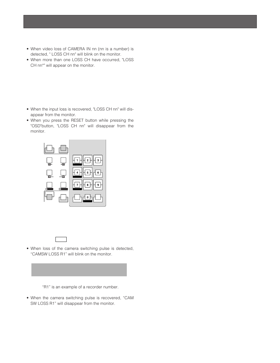 Monitor display when a video loss occurs, Video loss display, Camera switching pulse loss display mux | Loss ch01 loss ch01, Camsw loss r1, Camera switching pulse loss display | Panasonic WJ-SX 150A User Manual | Page 143 / 220