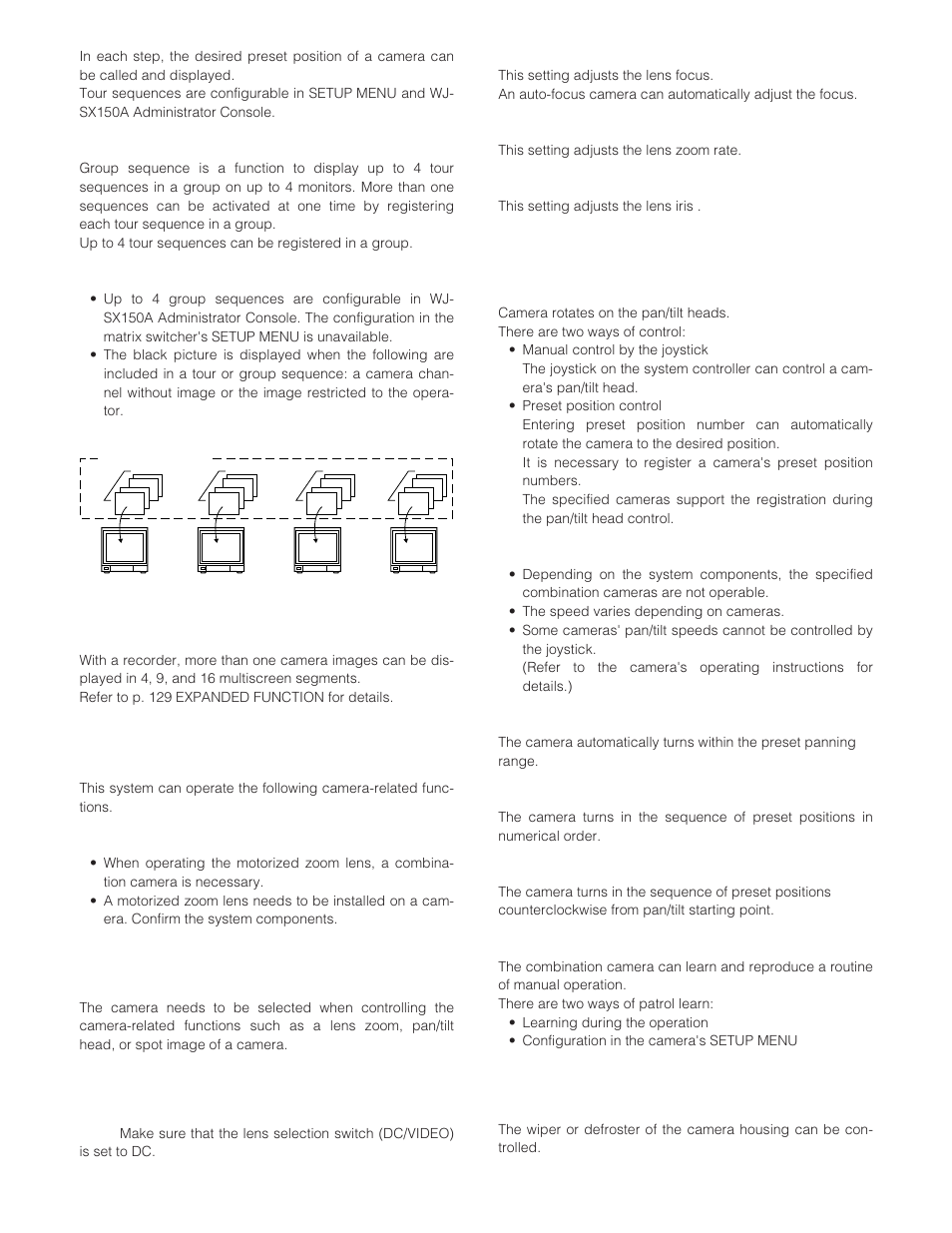 Camera-related functions, Camera selection, Operating zoom lens | Pan/tilt head control, Housing control | Panasonic WJ-SX 150A User Manual | Page 15 / 220