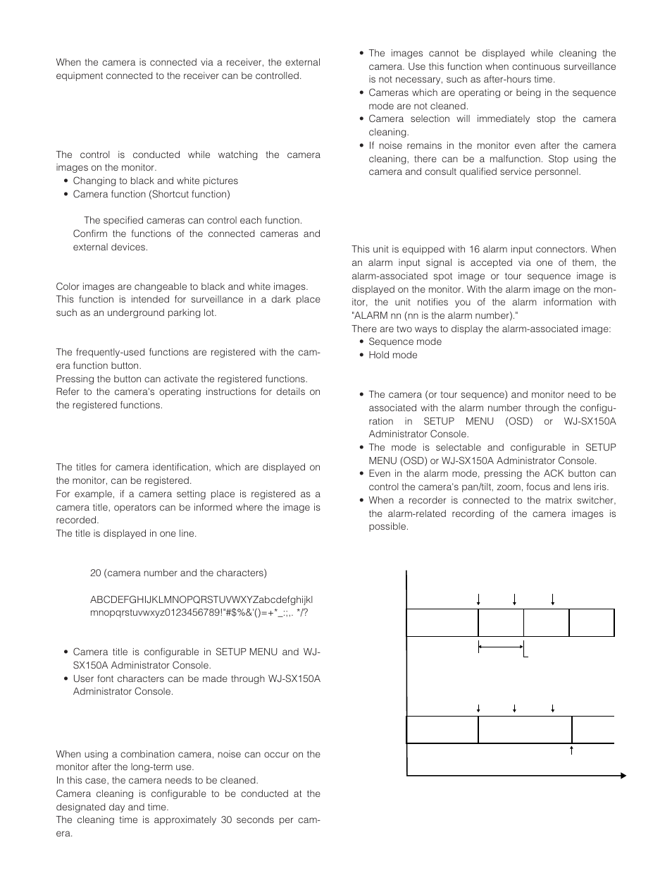 External equipment control, Controllable camera-related functions, Camera title | Camera cleaning, Alarm-related functions | Panasonic WJ-SX 150A User Manual | Page 16 / 220