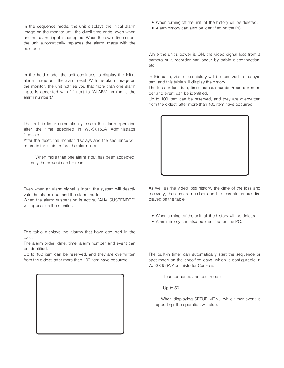 Sequence mode, Alarm reset, Alarm suspension | Alarm history table, Video loss history table, Timer event, Hold mode | Panasonic WJ-SX 150A User Manual | Page 17 / 220