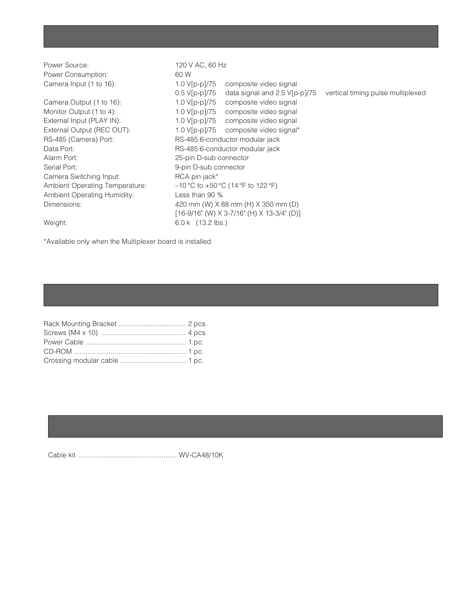 Specifications, Standard accessories, Optional accessories | Standard accessories optional accessories | Panasonic WJ-SX 150A User Manual | Page 171 / 220