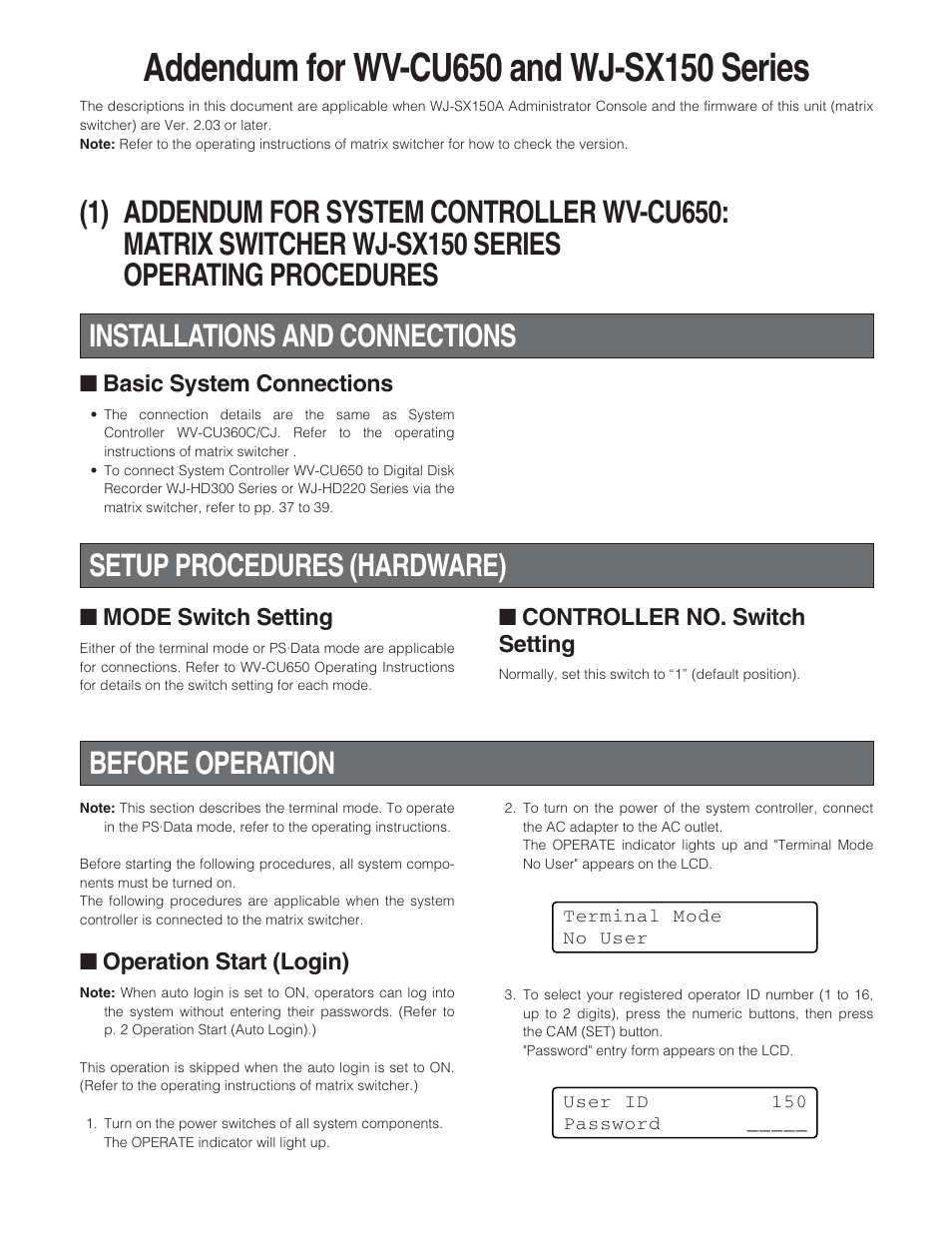 Addendum for wv-cu650 and wj-sx150 series, Installations and connections, Setup procedures (hardware) | Before operation, Operation start (login), Basic system connections, Mode switch setting, Controller no. switch setting | Panasonic WJ-SX 150A User Manual | Page 173 / 220