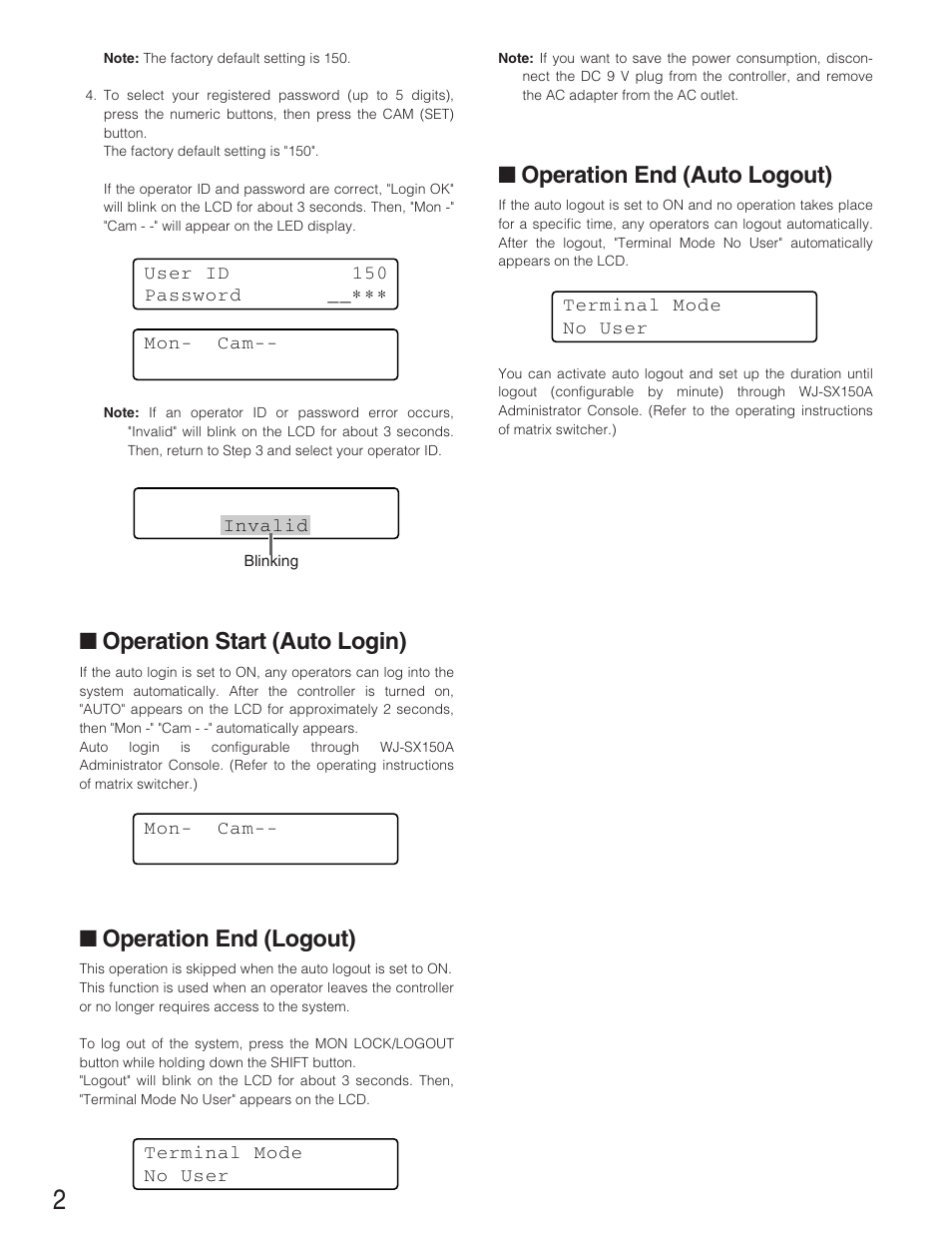 Operation end (auto logout), Operation start (auto login), Operation end (logout) | Panasonic WJ-SX 150A User Manual | Page 174 / 220