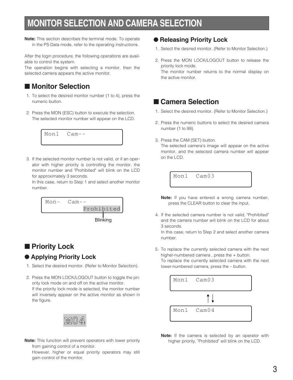 Monitor selection and camera selection, Camera selection, Monitor selection | Priority lock | Panasonic WJ-SX 150A User Manual | Page 175 / 220