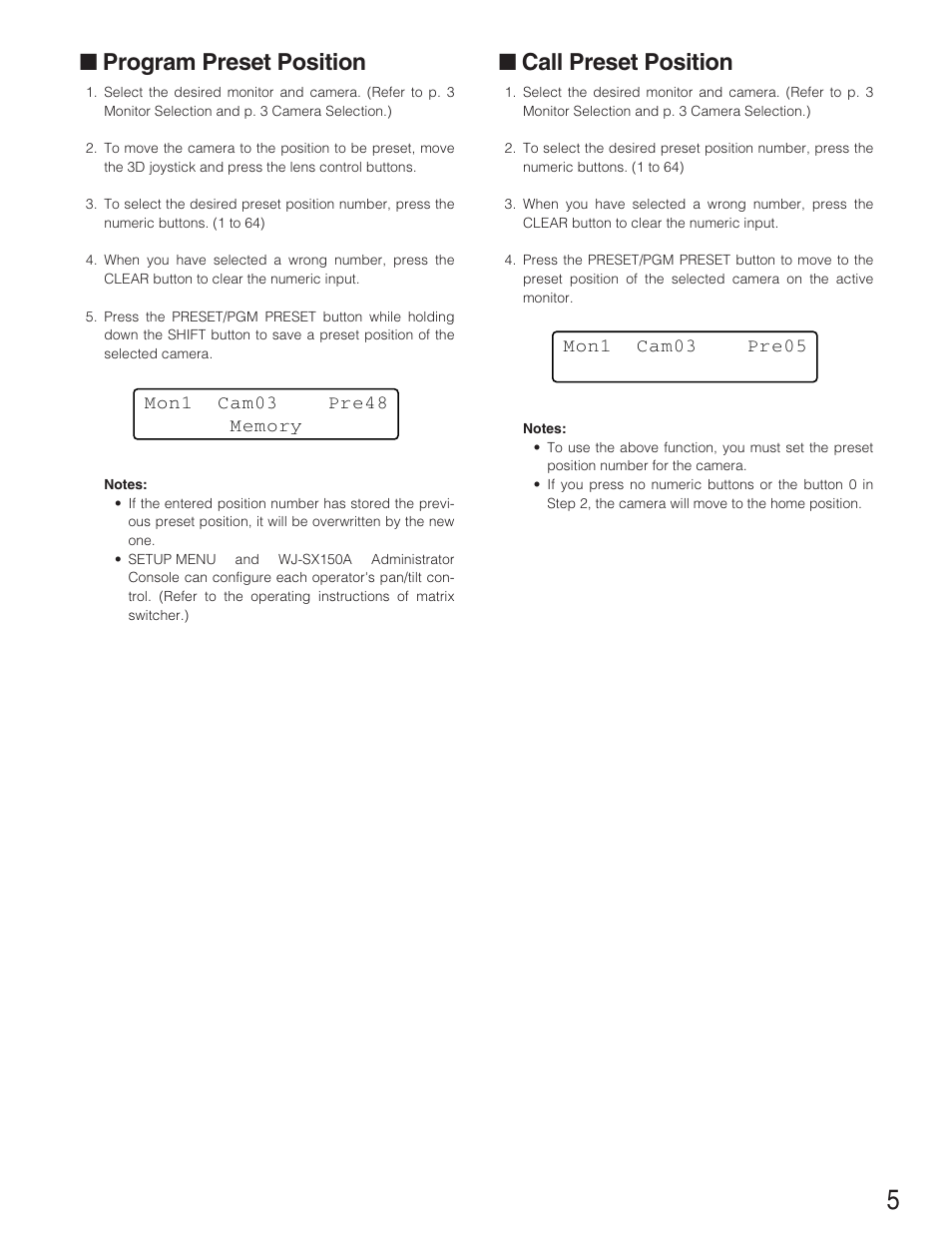 Program preset position, Call preset position | Panasonic WJ-SX 150A User Manual | Page 177 / 220