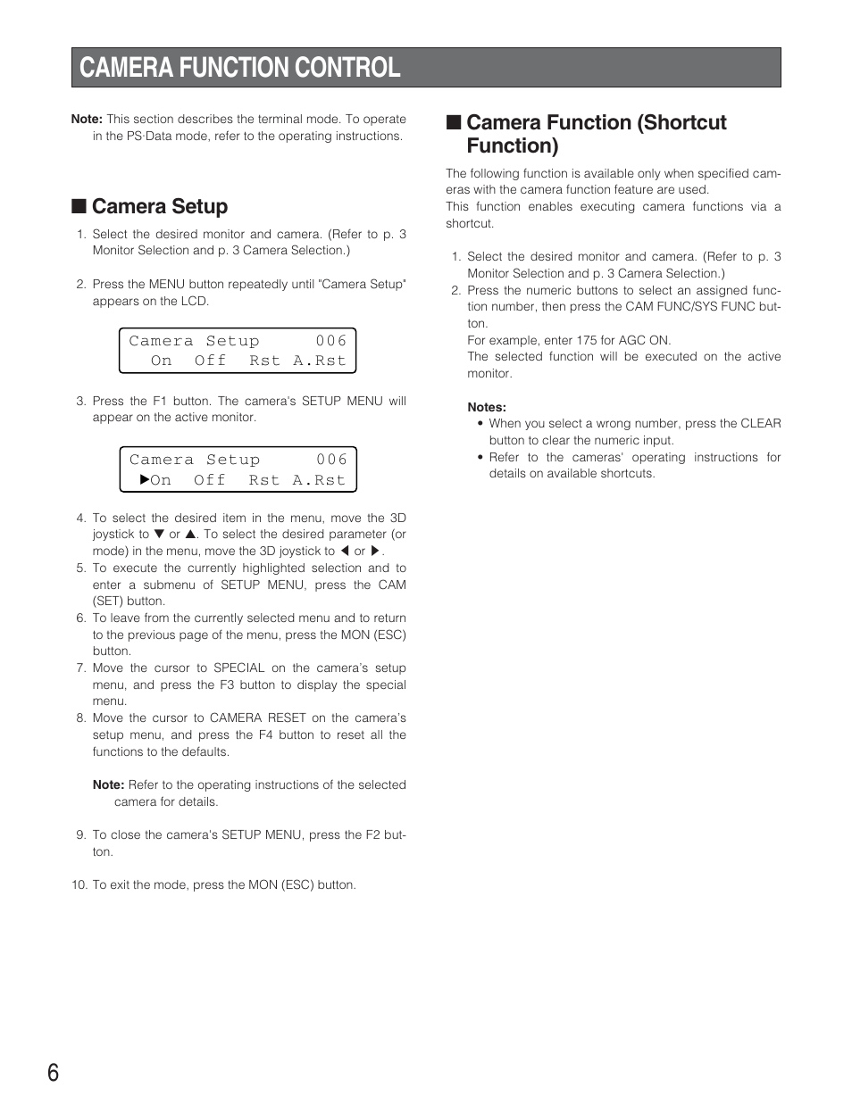 Camera function control, Camera function (shortcut function), Camera setup | Panasonic WJ-SX 150A User Manual | Page 178 / 220