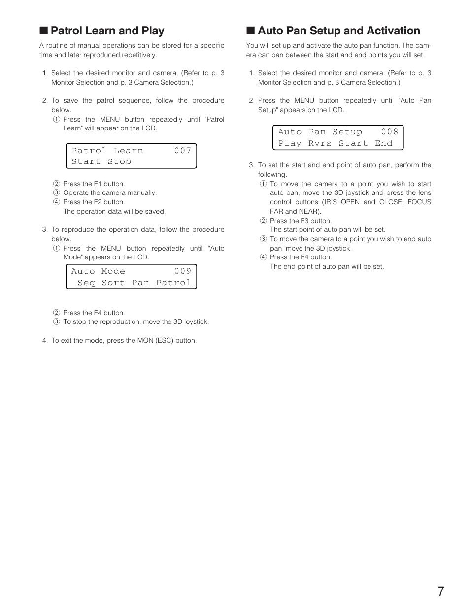 Patrol learn and play, Auto pan setup and activation | Panasonic WJ-SX 150A User Manual | Page 179 / 220