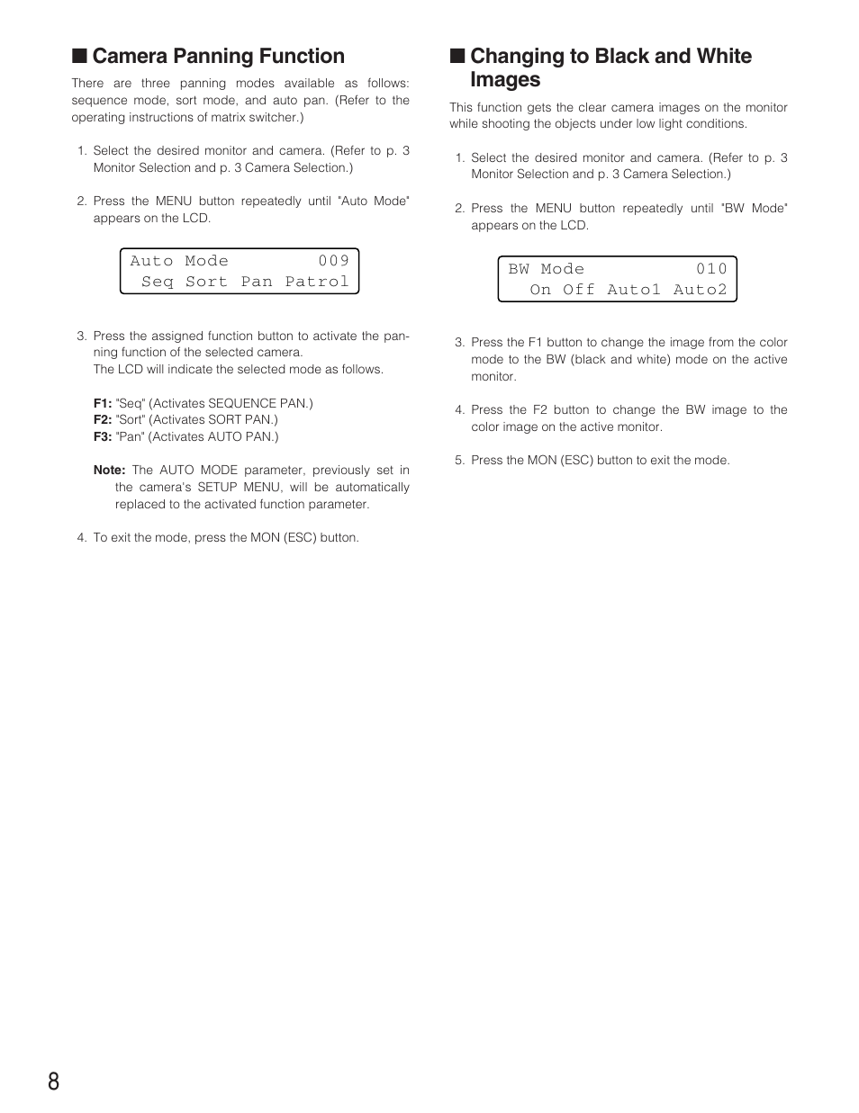 Changing to black and white images, Camera panning function | Panasonic WJ-SX 150A User Manual | Page 180 / 220